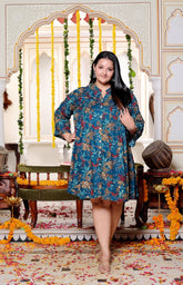 Plus Size Printed Women Teal Blue Tunic Dress-130030